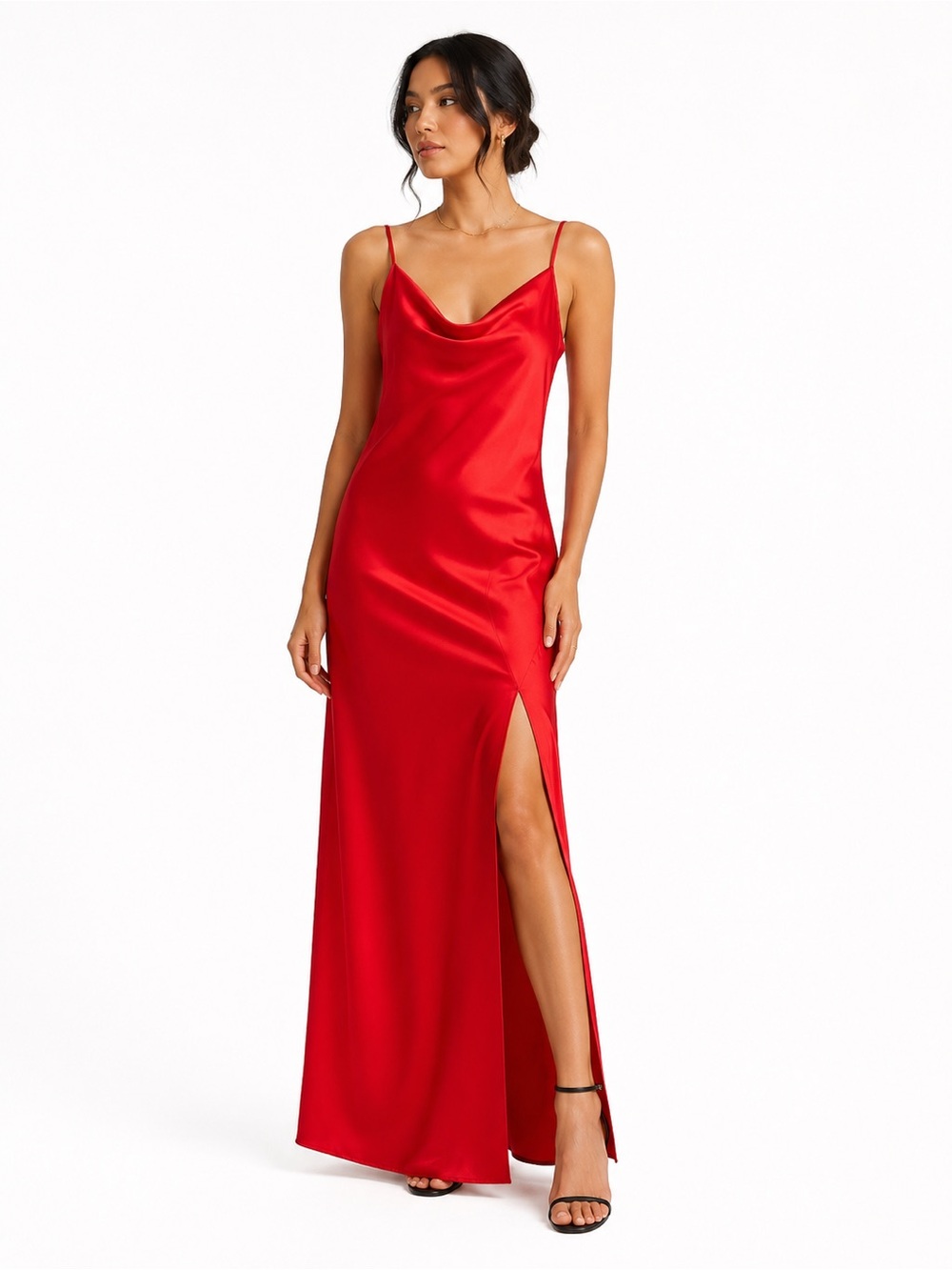 Red Slip Dress with Cowl Neck